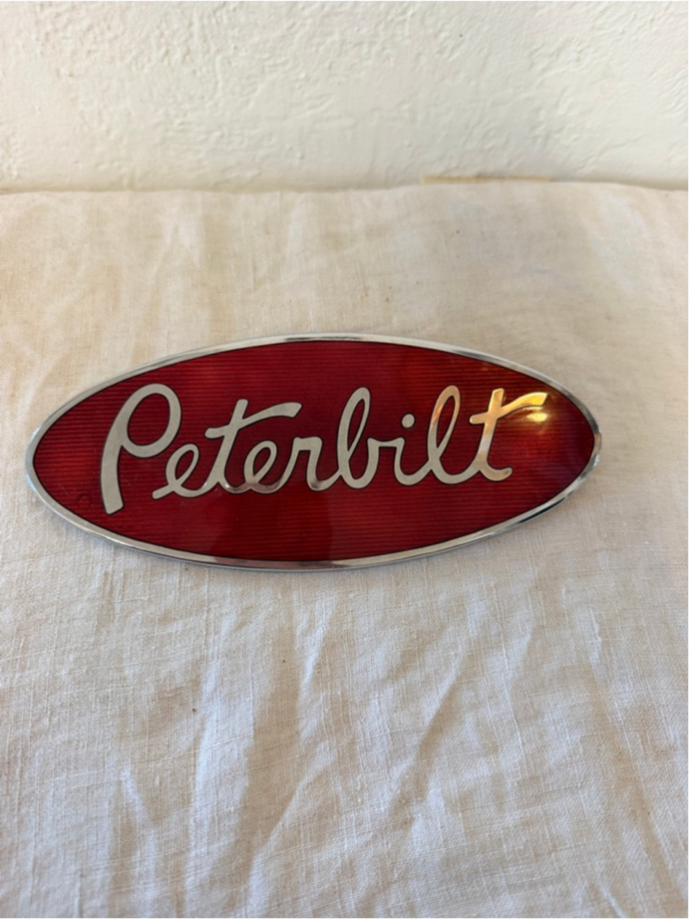 Vintage OEM Peterbilt Oval Truck Red Enamel Hood Emblem 8" Metal Sign 70s 80s